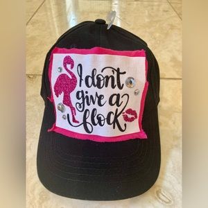 🔥🦩I DON’T GIVE A FLOCK🦩🔥NWT Adjust. Hat; distressed, black, pink, crystals